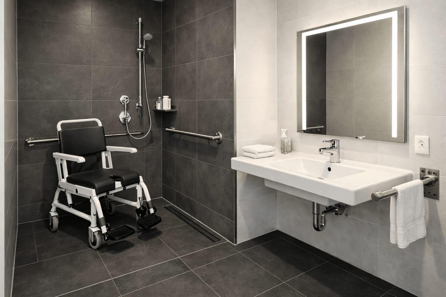 Ein Pflegerollstuhl steht in einem barrierefreien Bad. Pflegerollstühle erleichtern das Leben.