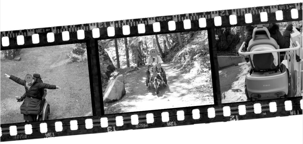 Drei Fotos von mir im Rollstuhl. Einmal im Scewo auf einer Burg. Einmal mit dem Vorspannbike unterwegs im Wald. Einmal mit dem Scewo auf einer Rollstuhlplattform auf dem Lift.