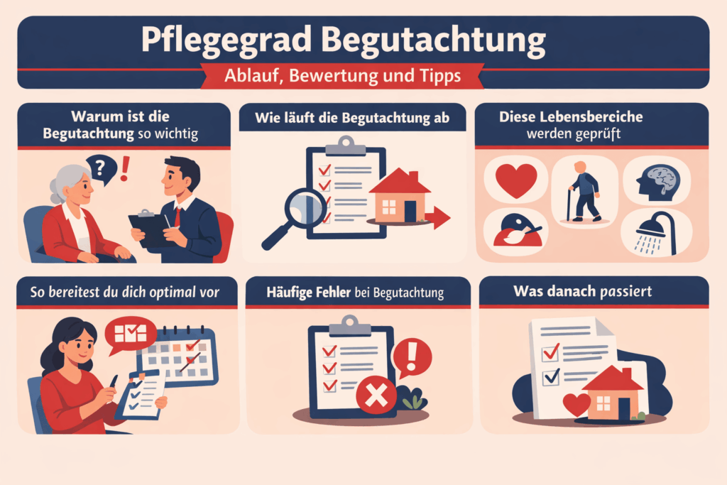 Bild: Schaubild zum Ablauf der Begutachtung. Pflegegrad Begutachtung durch Gutachter des Medizinischen Dienstes