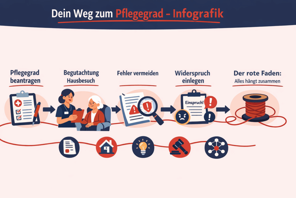 Pflegegrad beantragen Leitfaden – grafische Darstellung des Ablaufs vom Antrag bis zum Bescheid
