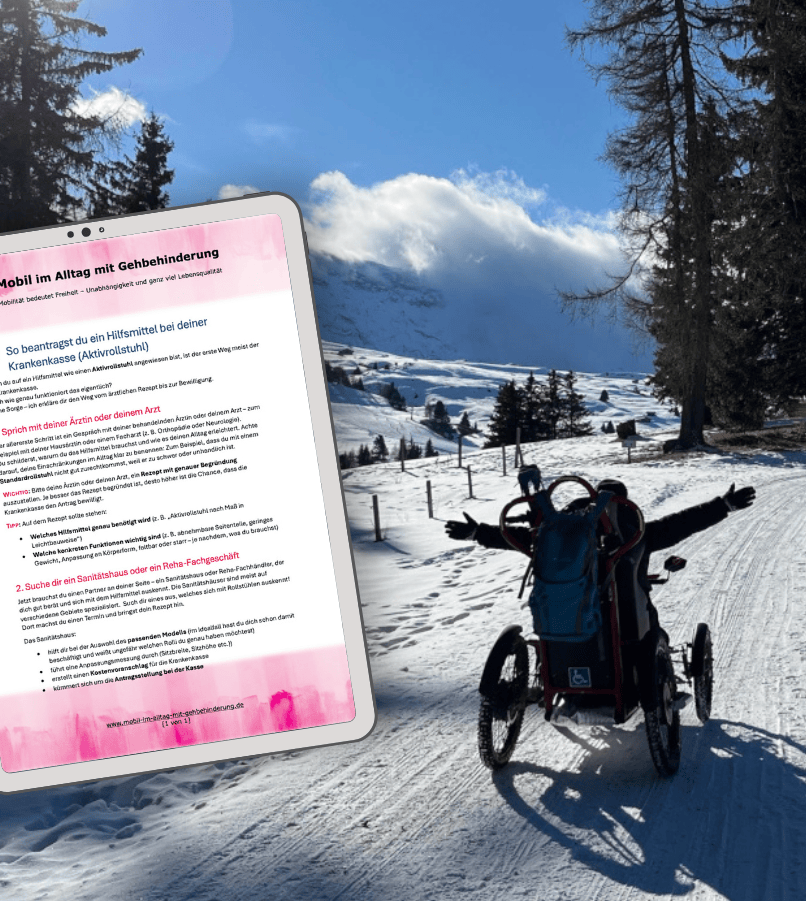 Ich fahre mit meinem Outdoor-Elektrorollstuhl durch den Schnee. Im Hintergrund sind Berge zu sehen. Ein Mockup meines Freebies ist zu sehen.