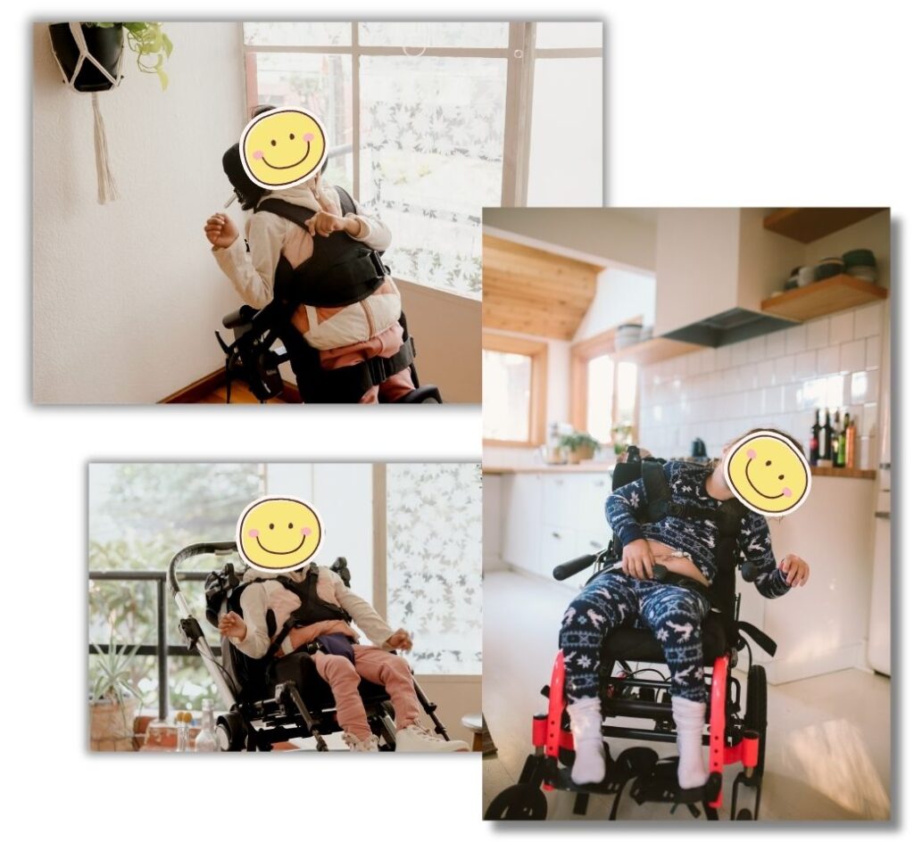 Verschiedene Kinderrollstühle. Ein Stehrollstuhl.